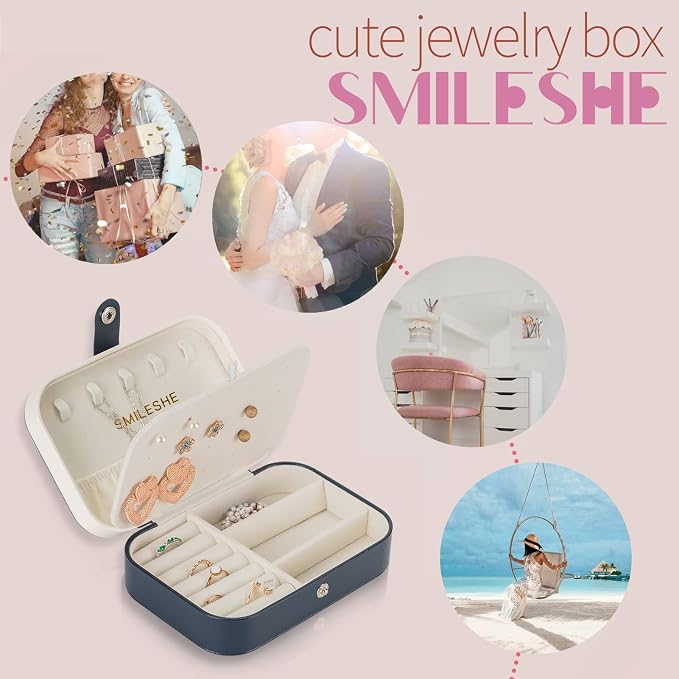 Smileshe Jewelry Box, PU Leather Small Portable Travel Case, 2 Layers Organizer Display Storage Holder Boxes for Rings Earrings Necklaces Bracelets - Image 3