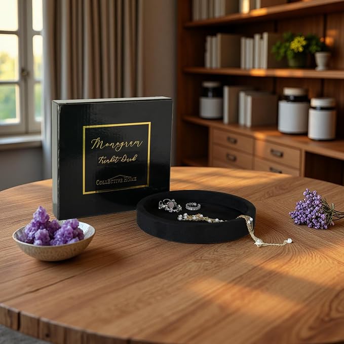 COLLECTIVE HOME - Velvet Jewelry Tray, 6" Monogrammed Jewelry Dish, Smooth Velour Display Dish for Rings, Earrings, Necklaces, Makeup, Personalized Gifts for Women (Black-f) - Image 3