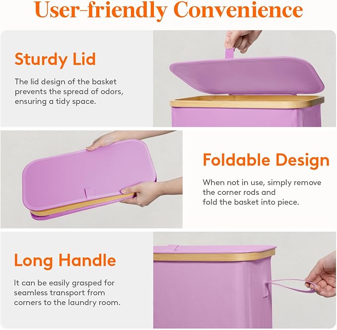 Lifewit 65L Slim Laundry Hamper with Lid, Narrow Laundry Basket with Removable Bag & Bamboo Handles, Fodable Thin Dirty Clothes Hamper for Laundry Collapsible Bin for Bathroom Bedroom Dorm, Purple - Image 5