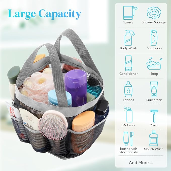 Lifewit Mesh Shower Caddy Portable for College Dorm Room Essentials with 7 Pockets, Freestanding Hanging Organizer Basket, Quick Dry Tote Bag for Camping, Bathroom, Beach, Travel, 1 Pack, Grey - Image 4