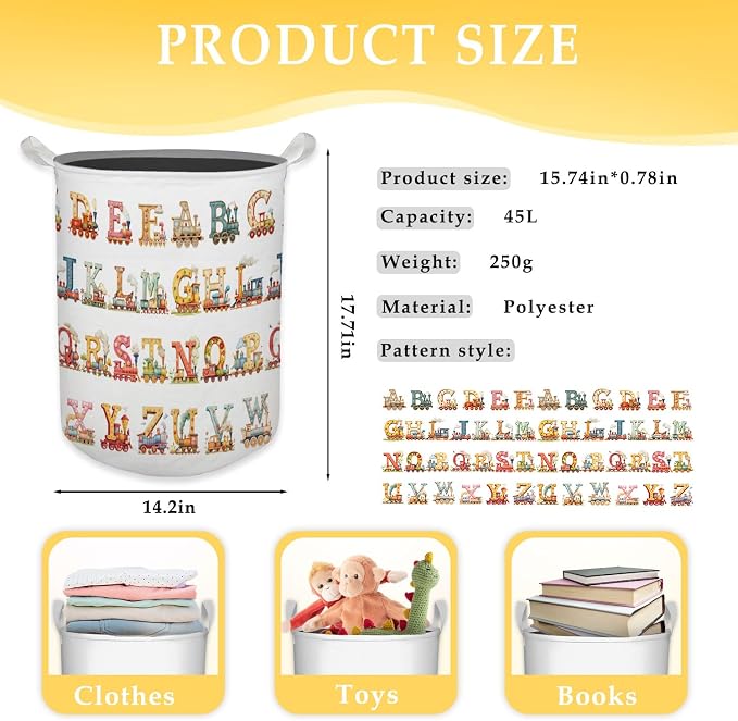 Kids Nursery Laundry Basket, Toybox for Girls Boys, Alphabets Trains Transportation Laundry Basket Hamper Waterproof Collapsible Storage Bin Organizer for Bedroom Bathroom Kids Room Clothes Toys - Image 7