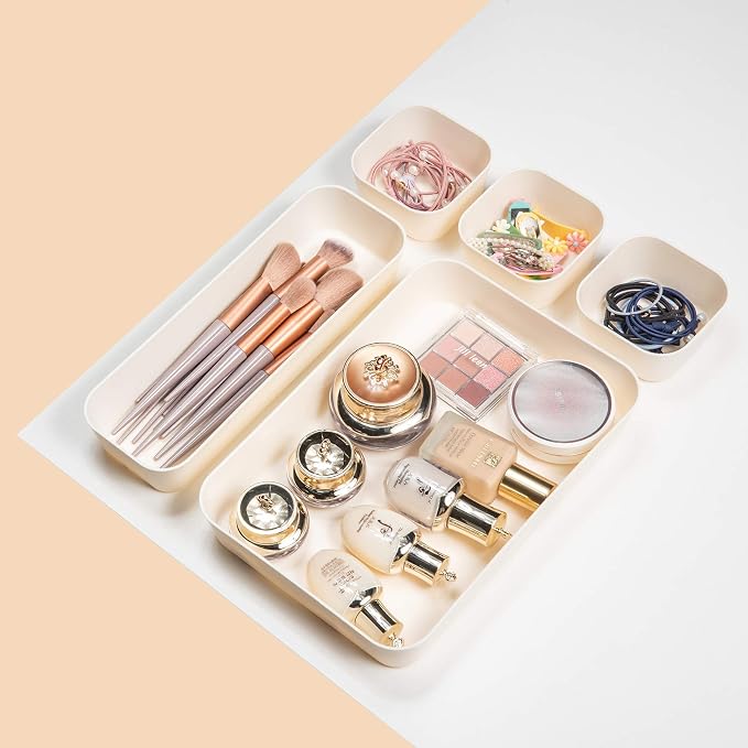 Backerysupply Set Of 12 Beige Color Plastic Desk Drawer Organizers For Makeup Bathroom Office Kitchen Vanity Drawer Storage Box Container - Image 4