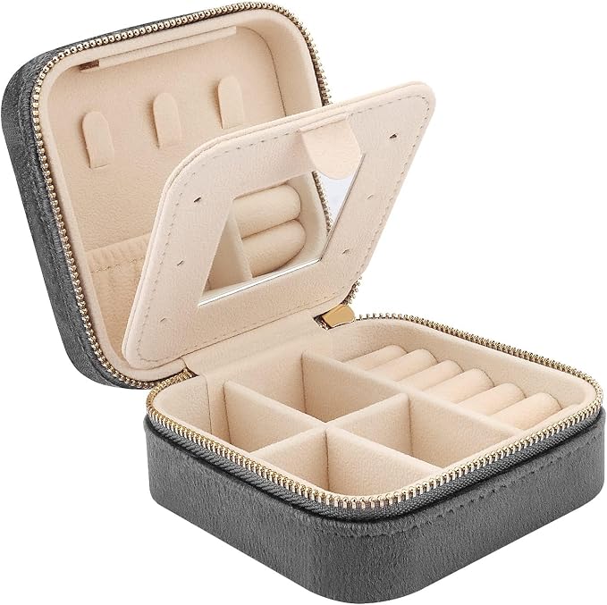DesignSter Travel Jewelry Box - Velvet Mini Jewelry Organizer, Small Jewelry Case for Girls Women, Jewelry Storage Box for Rings Earrings Necklace (Square, Cool Gray) by DesignSter