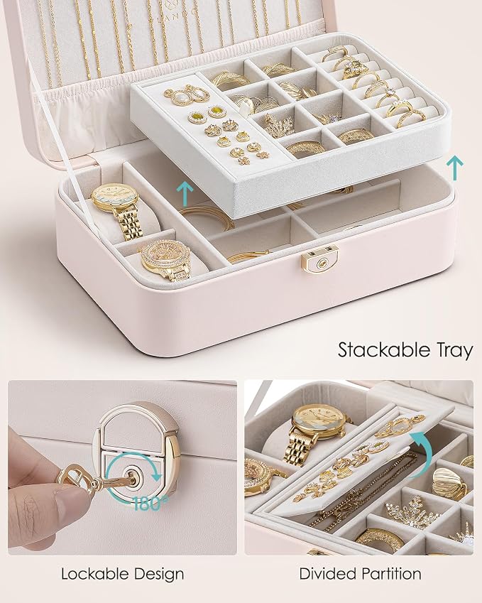 VLANDO 2 Layer Jewelry Box,Jewelry Organizer Storage Lockable Earring Organizer Removable Jewelry Tray with Watch Pillow for Neckable Ring Bracelets-Apricot Pink - Image 4