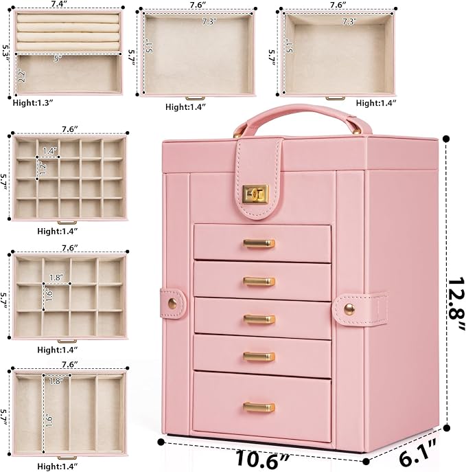 AKOZLIN 6-Tier Jewelry Box Organizer Functional Leather Jewelry Storage Case for Women Girls Ring Necklace Earring Bracelet Holder Organizer with Mirror - Image 6