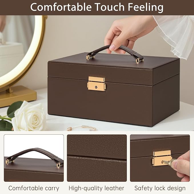 AKOZLIN Travel Jewelry Box Organizer Functional 2-trays Leather Jewelry Storage Case with Lockable Portable for Women Girls Ring Necklace Earring Bracelet - Image 5