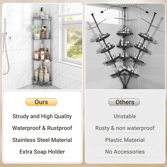 ELYKEN Corner Shower Caddy Standing, 4 Tier Rustproof Metal Shower Organizer with Soap Holder, Floor Shower Corner Shelf Rack Storage Stands with Adjustable Feet & 2 Hooks for Bathroom, Silver - Image 7