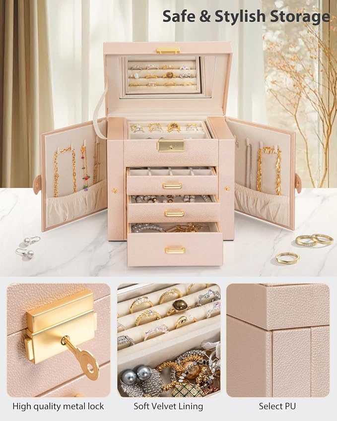 AKOZLIN 4-Tier Jewelry Box Leather Jewelry Storage Organizer with 3 Drawers Lockable for Women Girls Ring Necklace Earring Bracelet Holder with Mirror Champagne - Image 6