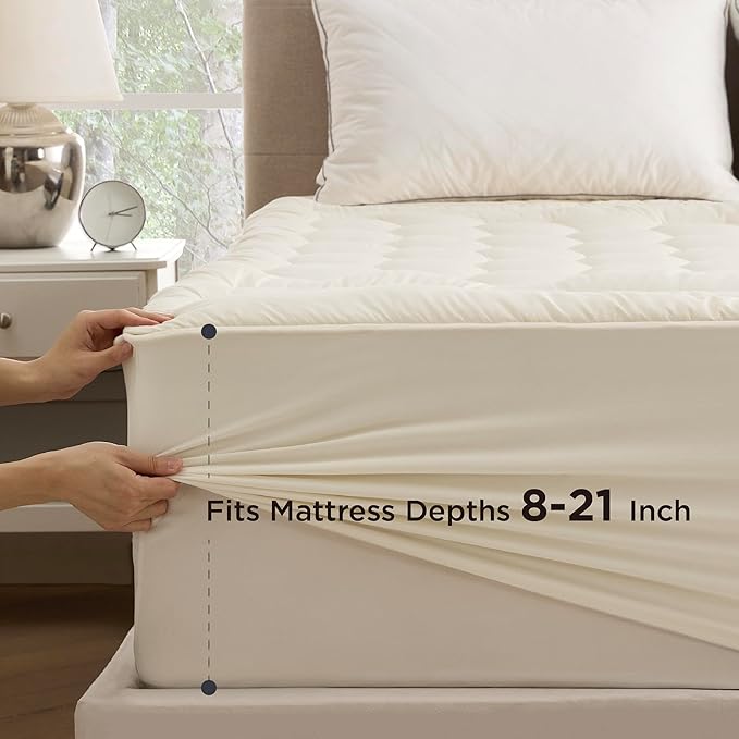 Bedsure Beige Queen Mattress Pad - Quilted Fitted Mattress Topper Protector with 8-21 Inches Deep Pocket, Noiseless Breathable Bed Cover Padded, Machine Washable, Beige, 60x80 Inches