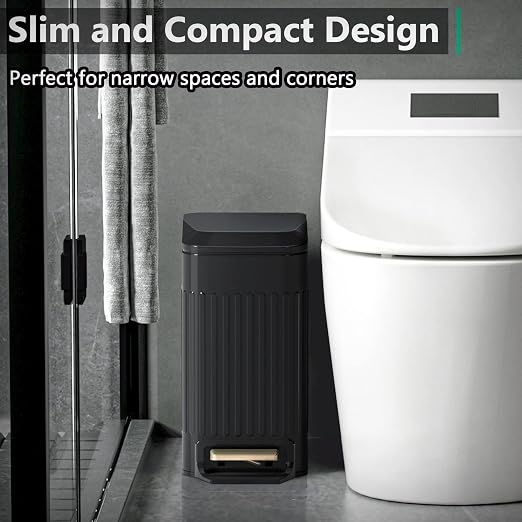 Small Bathroom Trash Can with Lid Soft Close-6L/1.6 Gal Slim Step Garbage Can-Metal Pedal Wastebasket-Narrow Rectangle Garbage Container Bin for Corner Office, Bedroom, Toilet, Live Room-Black - Image 2