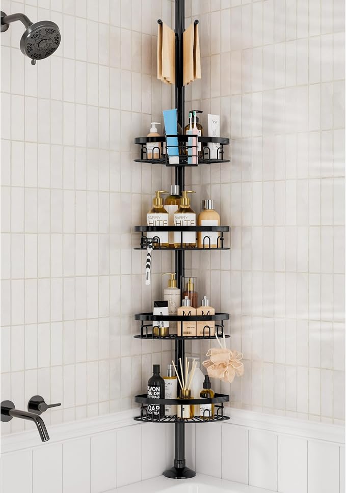 cutefafa Rustproof Corner Shower Caddy Tension Pole, 4 Large Baskets for Bathtub Shampoo Storage Organizer Bathroom Height Adjustable Shelves from 23.6 to 114.5 Inch with Towel Bar by cutefafa
