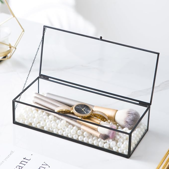 Glass Jewelry Box, Vintage Rectangle Black Keepsake Organizer, Lidded Vanity Accent for Storage, Trinket Rings Bracelet, Home Decor - Image 3