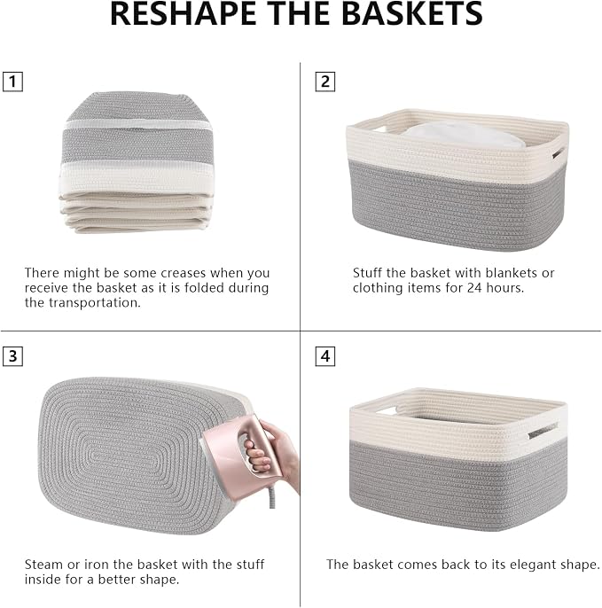 4 Pack Storage Baskets for Organizing, Woven Baskets for Shelves - Perfect for Toys, Books, Towels, and Clothes, Durable Gift Basket Bins Toy Storage, 15.7''Lx11.8''Wx7.8''H, Grey and White - Image 6
