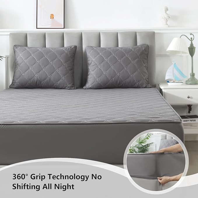Waterproof Mattress Protector - Full Size Mattress Pad Silent & Fitted Sheet Style | Bed Protection for Kids, Pets, Adults | Hypoallergenic, Machine Washable (Gray, Full)