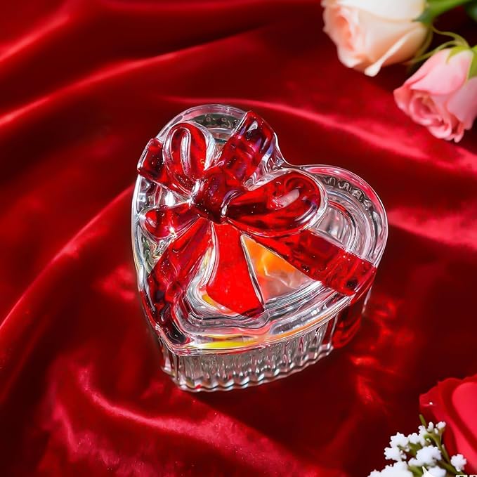 kanpura 2 Pack Glass Heart Shaped Jewelry Box Candy Dish with Lid Ring Earring Trinket Storage Box Vintage Jewelry Organizer Decorative Jar Gifts for Women Girls(Red & Clear) - Image 5