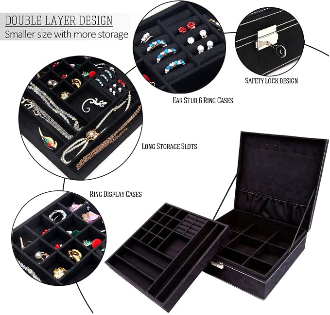 Two-Layer Jewelry Box Organizer Display Storage case with Lock (Black) - Image 7