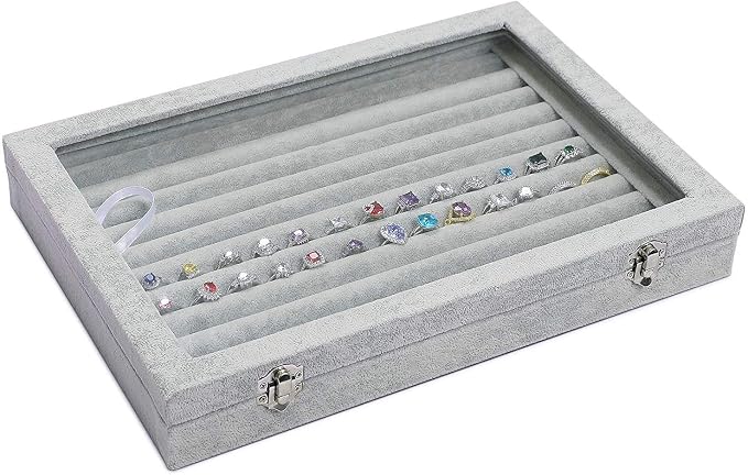Jewelry Tray Ring Organizer Box with Clear Lid Velvet Tray for Jewelry Storage Display Case, 10 Slots Can Hold 100 Rings Earrings Dustproof Necklace Jewelry Box Organizer & Tray - Image 6