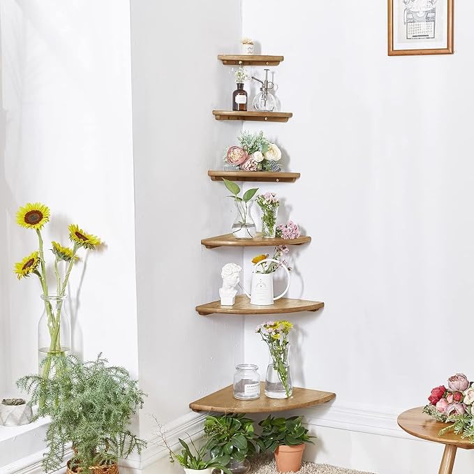Corner Shelves, Floating Corner Shelf, Set of 2 Solid Oak Wood Wall Shelves, Round End Wall Mount with Wire Hole Shelving for Small Plant for Bedroom Kitchen, Living Room 8.7“ - Image 7
