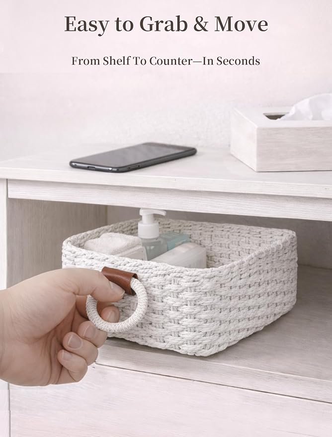 Storage Basket, Recycled Paper Rope Bathroom Basket Organizer, 3Pcs Small Baskets for Organizing, Mini wicker Basket for Decorative Storage Bins, Shelves, Bathroom, Cabinet - White - Image 5