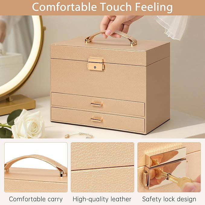 AKOZLIN Travel Jewelry Box Organizer Functional 2-trays Leather Jewelry Storage Case with Lockable Portable 2 Drawers for Women Girls Ring Necklace Earring Bracelet - Image 7