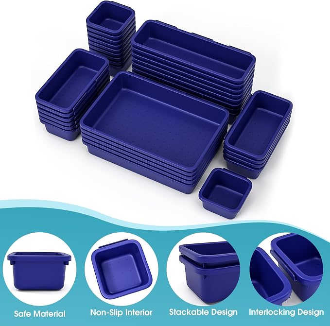 33 PCS Drawer Organizer Set, 4 Size Makeup Drawer Divider Organizer With Non-Slip Pads, Interlocking Plastic Storage Bins for Office,Jewelry Vanity,Gadgets, Bathroom,Kitchen, Navy - Image 3