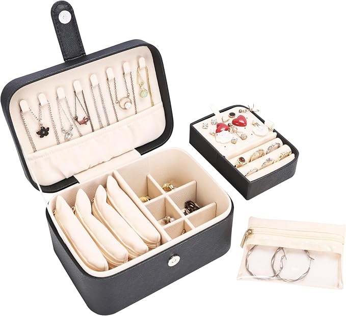 2 Layer Portable Jewelry Box, Large Jewelry Travel Case with 4 Jewelry Pouches, Medium Size Jewelry Organizer Box for Earrings, Necklaces, Bracelets (black) by Unknown