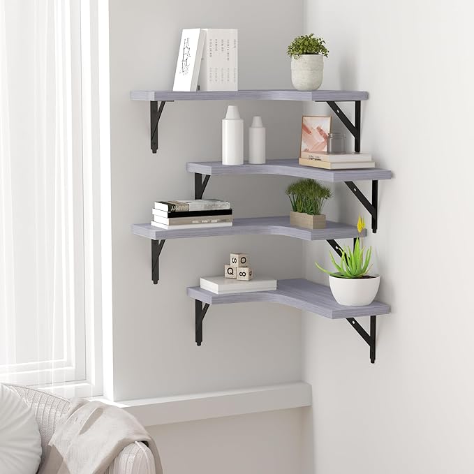 ROMGUAR CRAFT Corner Floating Shelves Wall Mounted Set of 4, Rustic Wood Storage Display Shelves for Home Decor, Bathroom, Kitchen, Bedroom, Living Room, Office (Light Grey) - Image 5