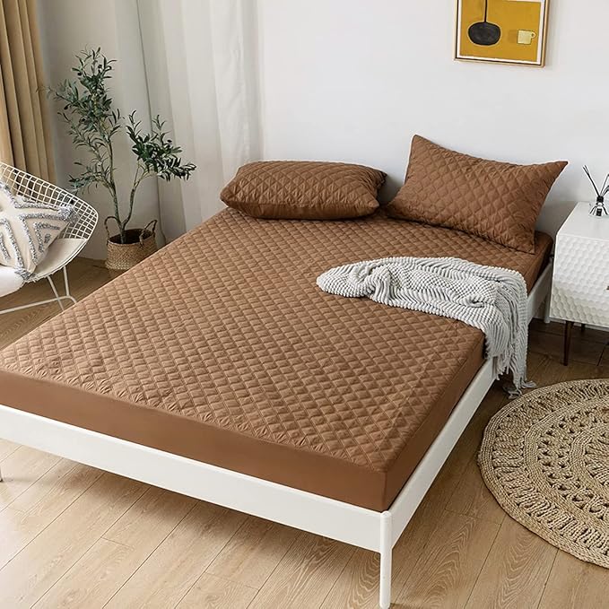 jejeloiu Brown Quilted Mattress Pad, 100% Waterproof Breathable King Bedding Fitted Sheet Mattress Protector 14" Deep Pocket Cotton Snow Down Alternative Filling Mattress Cover (King,Brown)