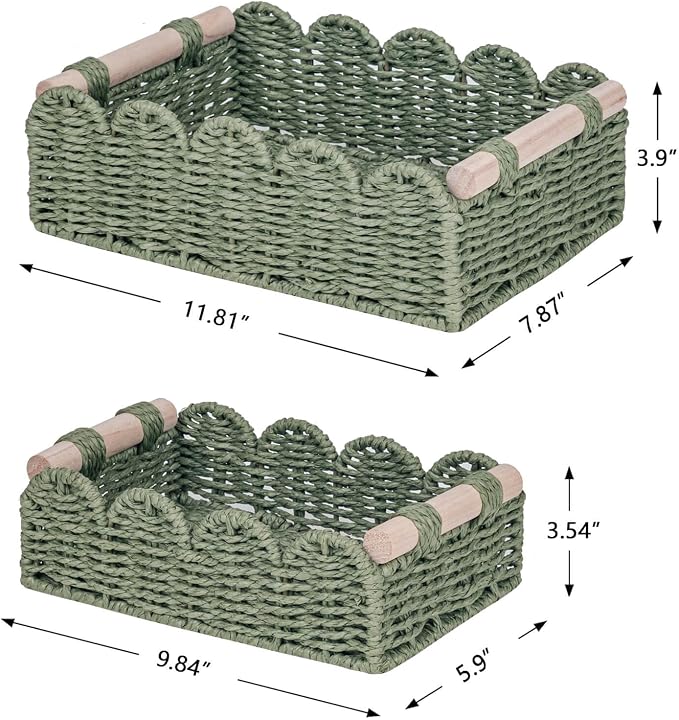 CubesLand Scalloped Edge Decor Baskets for Home, Living Room, Toilet Paper Storage Basket for Over Toilet Shelf, End Table,Shelves and More, Small Paper Rope Baskets Both Storage&Decor, Set 2 Green - Image 3