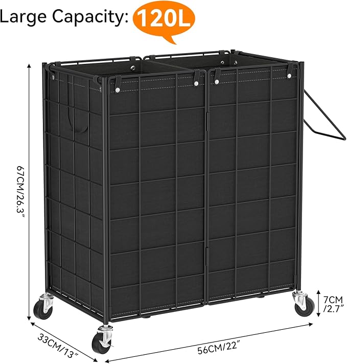 WOWLIVE Double Laundry Hamper with Wheels,Metal Wire Frame Rolling Laundry Basket with 2 Removable bags,120L Dirty Clothes Hamper Organizer Dorm Room Storage for Bedroom,Bathroom,Black - Image 4