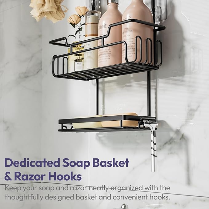 SWTYMIKI Bathroom Shower Caddy Hanging - 3 Tier Rustproof Over Shower Head Organizer, No Drilling Bathroom Shelf with 16 Hooks & Soap Holder, Anti-Swing Rack for Shampoo,Sponge,Towel, Black, Medium - Image 5