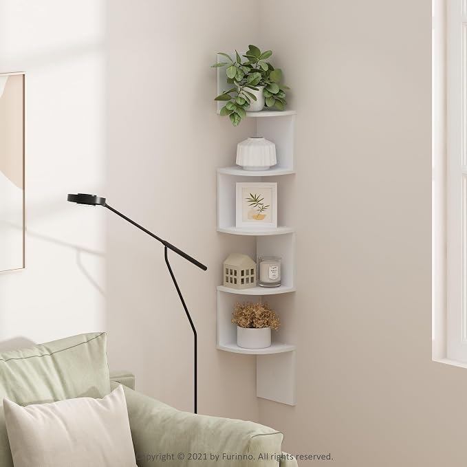 Furinno Rossi 5-Tier Wall Mount Floating Radial Corner Shelf, White - Image 2