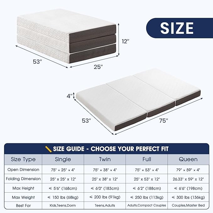 Hanherry 4 Inch Foldable Mattress Full Size, Tri-Folding Portable Memory Foam Topper Floor Bed with Storage Bag, Washable Cover for Travel, Camping, RV, Guest