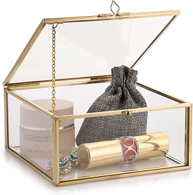 Hipiwe Vintage Glass Jewelry Organizer Box - Golden Metal Keepsake Box Desktop Jewelry Organizer Holder, Wedding Birthday Gift, Square Vanity Decorative Box for Dresser,Bathroom - Image 9
