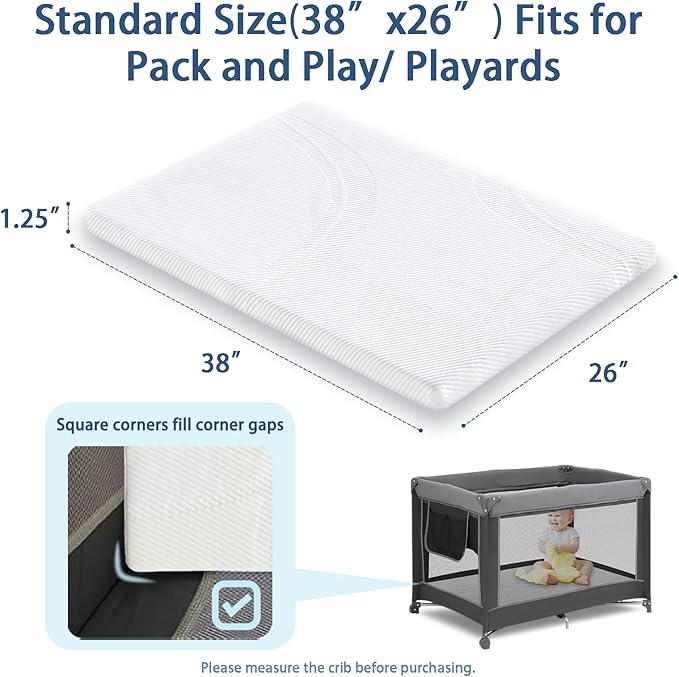 Pack and Play Mattress 38 x 26 x 1.25 inch, Soft Breathable Playard & Pack N Play Mattresses with Washable Waterproof Cover for Baby ＆Toddler