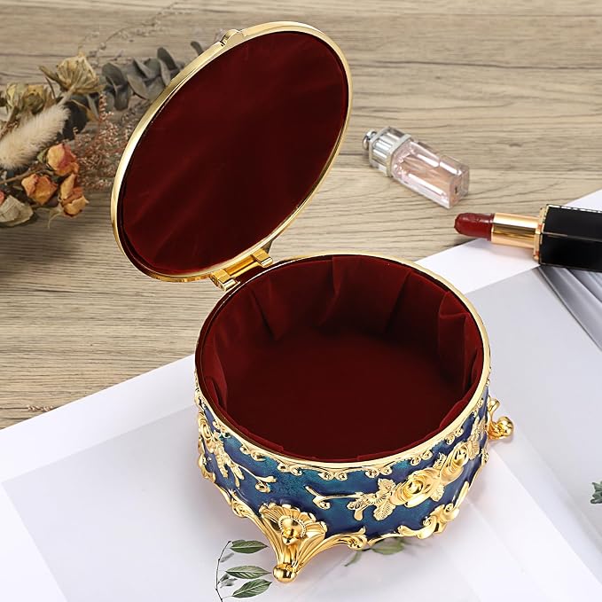 Hipiwe Vintage Jewelry Box Metal Keepsake Box Round Treasure Storage Case for Ring Earrings Necklace Holder Wedding Birthday Gift for Woman, Blue, 5.7" L x 5.1" W x 3.5" H - Image 6