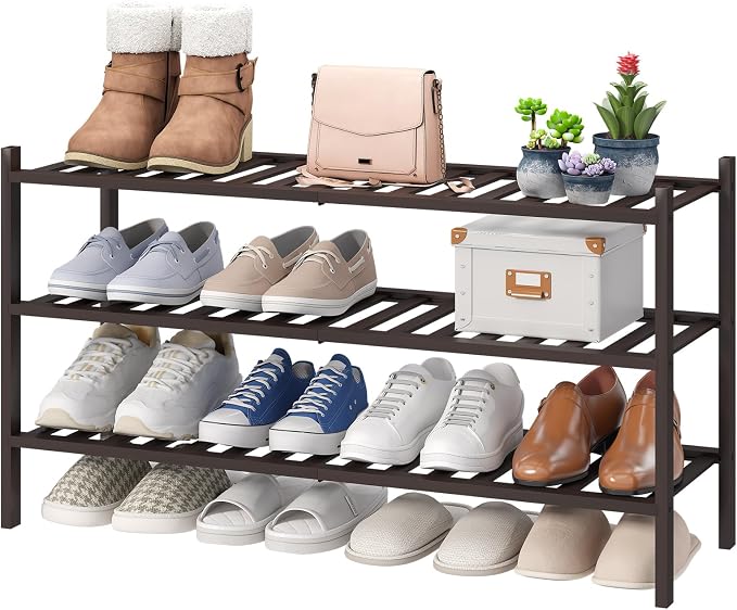 viewcare Long Shoe Rack, Bamboo Wood Shoe Rack for Closet, Entryway & Hallway, 3-Tier Stackable Shoe Shelf by VIEWCARE