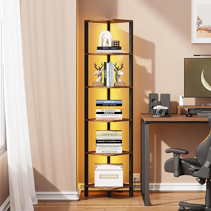 TUTOTAK Corner Shelf with LED Light, 6-Tier Corner Bookshelf for Small Space, Narrow Display Corner Shelf Stand with Storage Rack, for Living Room, Bedroom, Rustic Brown BS08BB006L - Image 6