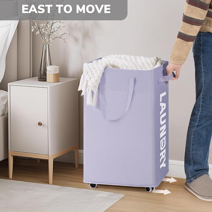 Goodpick Laundry Basket with Wheels,75L Collapsible Laundry Baskets with Removable Wash Bag, Clothes Laundry Hamper on Wheels, Light Purple - Image 5