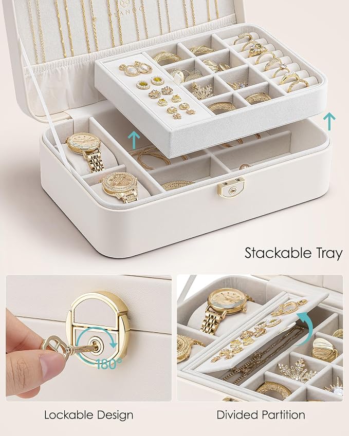 VLANDO 2 Layer Jewelry Box,Jewelry Organizer Storage Lockable Earring Organizer Removable Jewelry Tray with Watch Pillow for Neckable Ring Bracelets-Cream White - Image 4