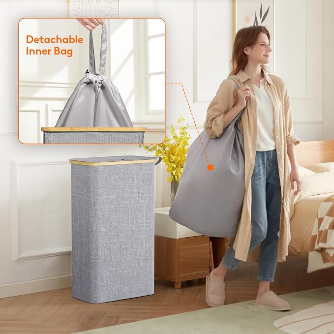 Lifewit 75L Slim Laundry Hamper with Lid, Narrow Laundry Basket with Removable Bag & Bamboo Handles, Fodable Thin Dirty Clothes Hamper for Laundry Collapsible Bin for Bathroom Bedroom Dorm, Gray - Image 4