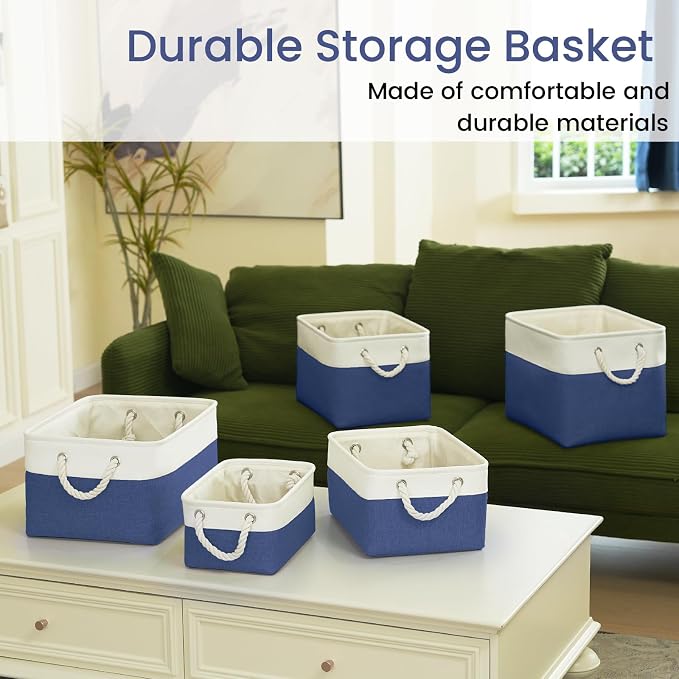 Large Storage Baskets- 15x11x10 inch Storage Bins for Shelves and Closet Organizing, Foldable Fabric Bin for Home Organization Clothes and Laundry (6-Pack, White&Blue) - Image 7