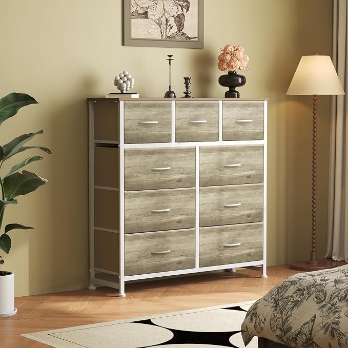 OLIXIS 9 Drawer Storage Dresser with Wood Top - Wide Fabric Chest Organizer for Bedroom, Closet, Living Room,Tower Cabinet, TV Stand, Hallway Entryway Furniture,Oak Greige - Image 7