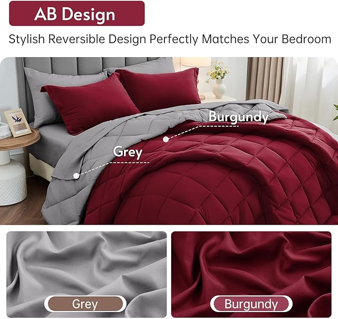MUXHOMO 7 Pieces Full Comforter Set, Reversible Bed in a Bag Full Size, All Season Bedding Set with Comforter, Flat Sheet, Fitted Sheet, Pillowcases & Shams, Burgundy & Grey