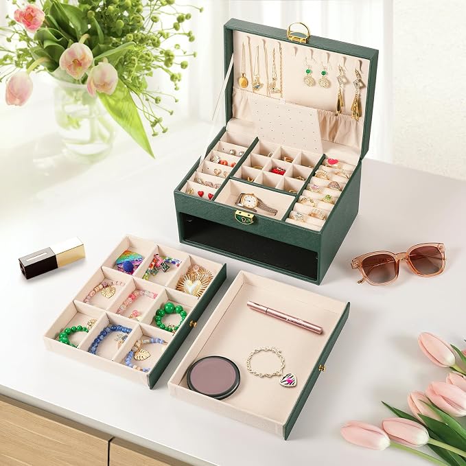 coobest 3 Layer Jewelry Box, Jewelry Holder Organizer with 2 Drawer Tray, Large boxes for Women Velvet Earring Organizer, Lockable & Organizers, Birthday Gifts for Women Mom, Green - Image 3