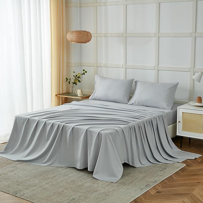 ILAVANDE King Size Sheets Set, 4 Piece Hotel Luxury Super Soft 1800 Series Microfiber Grey Bed Sheets King Set-Wrinkle Free & Breathable-14 Deep Pocket Sheets for King Size Bed(King,Light Grey)