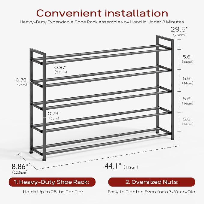 Bumusty 5-Tier Long Expandable Shoe Rack for Closet, 18"-44" Adjustable Shoe Rack for Entryway, 25-30 Pairs Large Shoe Organizer Shelf Storage, Sturdy Metal, Grey - Image 3