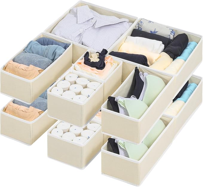 12 Pack Linen Drawer Organizer Set – Collapsible Fabric Storage Bins for Baby Clothes, Diapers, Socks, Bras & More (Beige, 3 Sizes) - Image 2