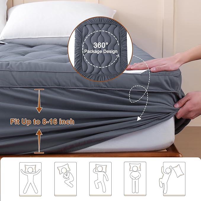 YOUR MOON 100% Organic Wool Mattress Topper Queen Size, Thick Pillow Top Mattress Pad, 800GSM Natural Wool Filling, Back Pain Relief Bed Topper with Cotton Cover-16'' Depth, 60"x80" (Gray)