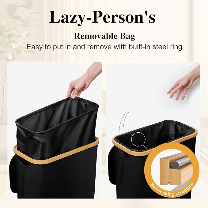 Foluck Slim Laundry Hamper, 60L Waterproof Narrow Laundry Basket with Lid and Removable Bag, Collapsible Tall Clothes Hamper with Bamboo Handles for Clothes Toys in Dorm Bedroom Bathroom, Black - Image 3